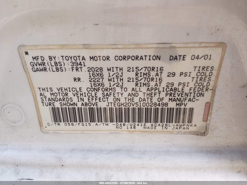 2001 Toyota Rav4 VIN JTEGH20V510028498 IAAI salvage auction — NORMAL WEAR, Original (Ohio), sold $250 on 2026-07-16 (photo 9)