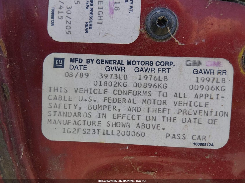 1990 Pontiac Firebird VIN 1G2FS23T1LL200060 IAAI salvage auction — NORMAL WEAR, App For Dup Clear (California), sold $550 on 2026-07-27 (photo 9)
