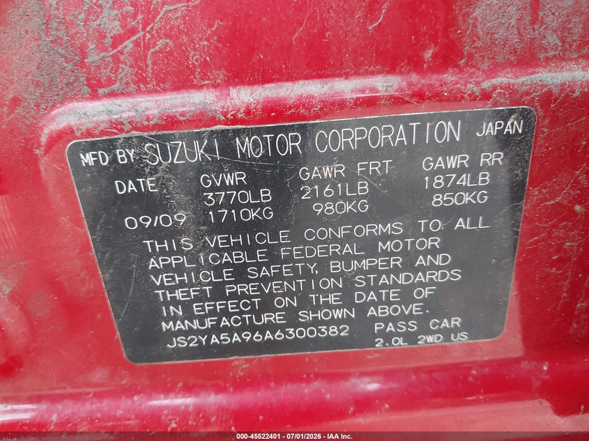2010 Suzuki Sx4 VIN JS2YA5A96A6300382 IAAI salvage auction — NORMAL WEAR, Clear (Pennsylvania), sold $300 on 2026-07-07 (photo 9)