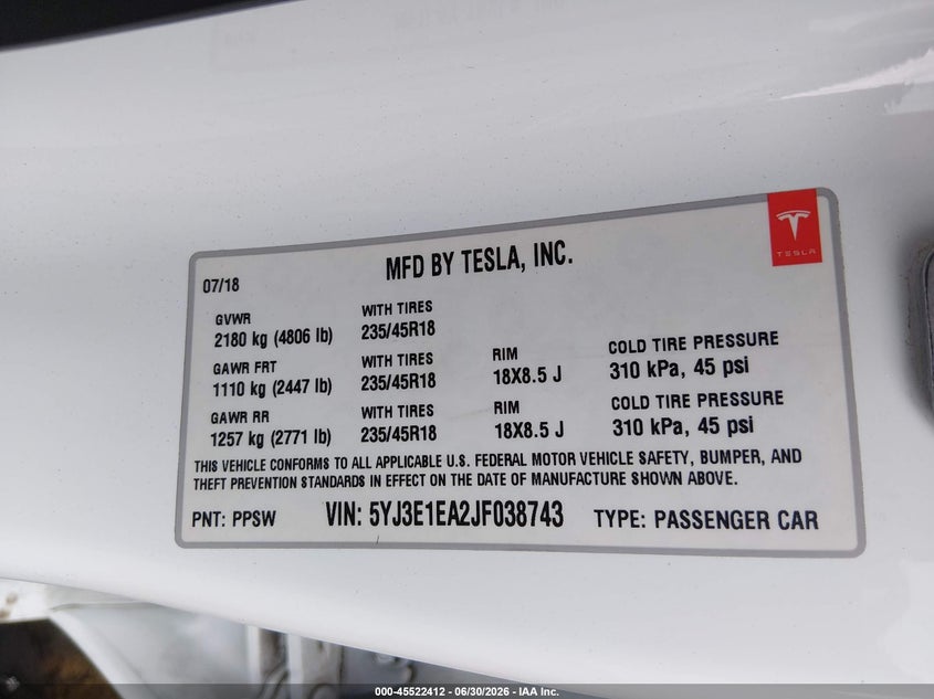 2018 Tesla Model 3 VIN 5YJ3E1EA2JF038743 IAAI salvage auction — FRONT END, Salvage Title, sold $7,200 on 2026-07-23 (photo 9)