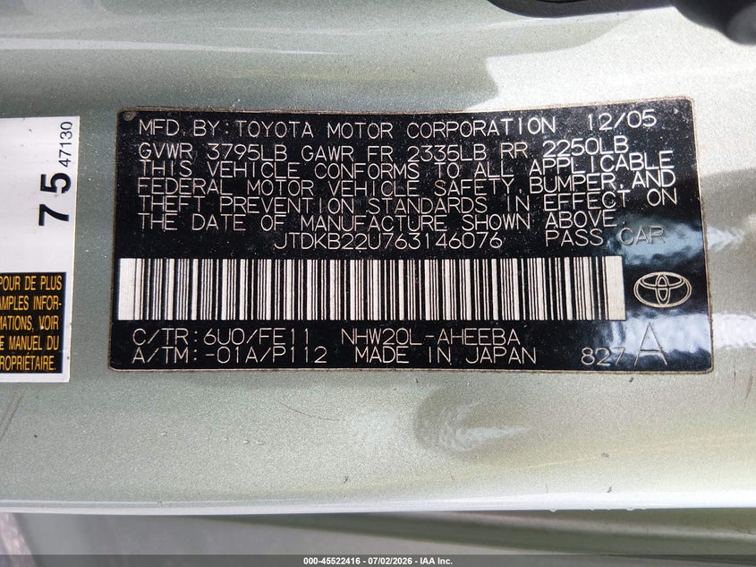 2006 Toyota Prius VIN JTDKB22U763146076 IAAI salvage auction — SIDE, Salvage (Louisiana), sold $250 on 2026-07-29 (photo 9)