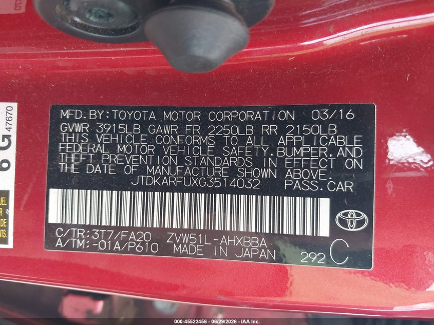 2016 Toyota Prius VIN JTDKARFUXG3514032 IAAI salvage auction — NORMAL WEAR, Clear (Hawaii), sold $1,800 on 2026-07-28 (photo 9)