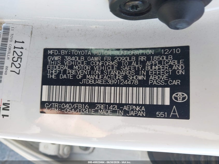 2011 Toyota Corolla VIN JTDBU4EE3B9124478 IAAI salvage auction — FRONT END, Salvage (California), sold $1,225 on 2026-07-29 (photo 9)