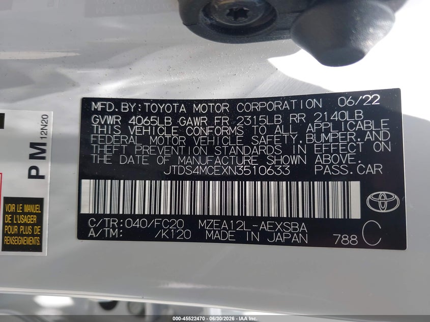 2022 Toyota Corolla VIN JTDS4MCEXN3510633 IAAI salvage auction — NORMAL WEAR, Repossession Paperwork (Georgia), sold $12,300 on 2026-07-30 (photo 9)