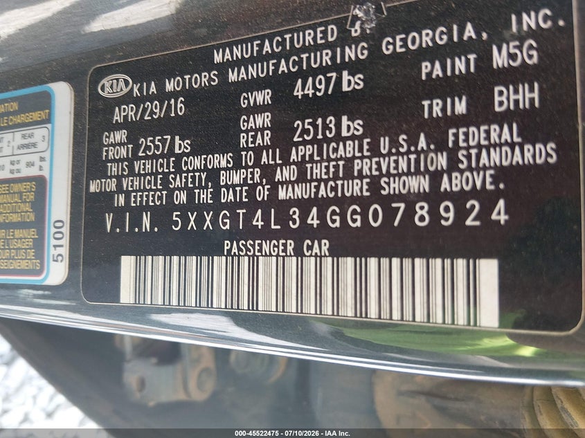 2016 Kia Optima VIN 5XXGT4L34GG078924 IAAI salvage auction — FRONT END, Clear (Alabama), sold $250 on 2026-07-23 (photo 9)