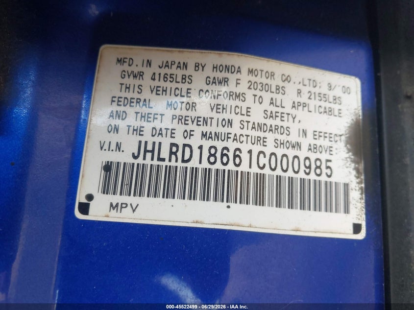 2001 Honda Cr-v VIN JHLRD18661C000985 IAAI salvage auction — NORMAL WEAR, Clear - Dealer Only (California), sold $825 on 2026-07-22 (photo 9)