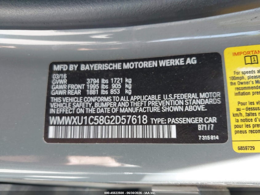 2016 Mini Hard top VIN WMWXU1C58G2D57618 IAAI salvage auction — REAR END, Salvage (California), sold $1,100 on 2026-07-23 (photo 9)