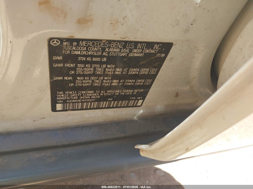 1999 Mercedes-benz Ml-class VIN 4JGAB54E1XA133237 IAAI salvage auction — NORMAL WEAR, Clear-Dealer Only (Arizona), sold $25 on 2026-07-09 (photo 9)