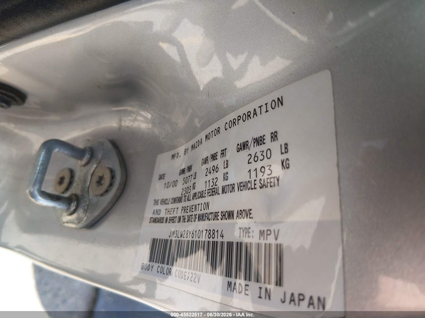 2001 Mazda Mpv VIN JM3LW28Y610178814 IAAI salvage auction — NORMAL WEAR, Clear (Colorado), sold $325 on 2026-07-28 (photo 9)