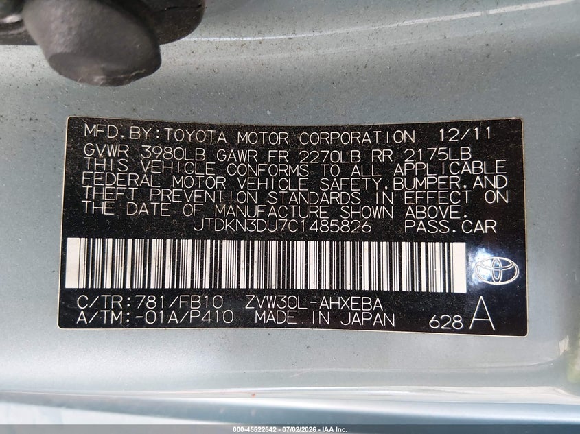 2012 Toyota Prius VIN JTDKN3DU7C1485826 IAAI salvage auction — RIGHT SIDE, Bill Of Sale (Alaska), sold $350 on 2026-07-10 (photo 9)