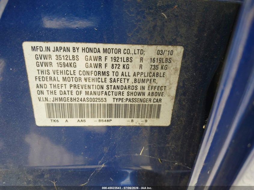 2010 Honda Fit VIN JHMGE8H24AS002553 IAAI salvage auction — NORMAL WEAR, Original (Ohio), sold $375 on 2026-07-14 (photo 9)