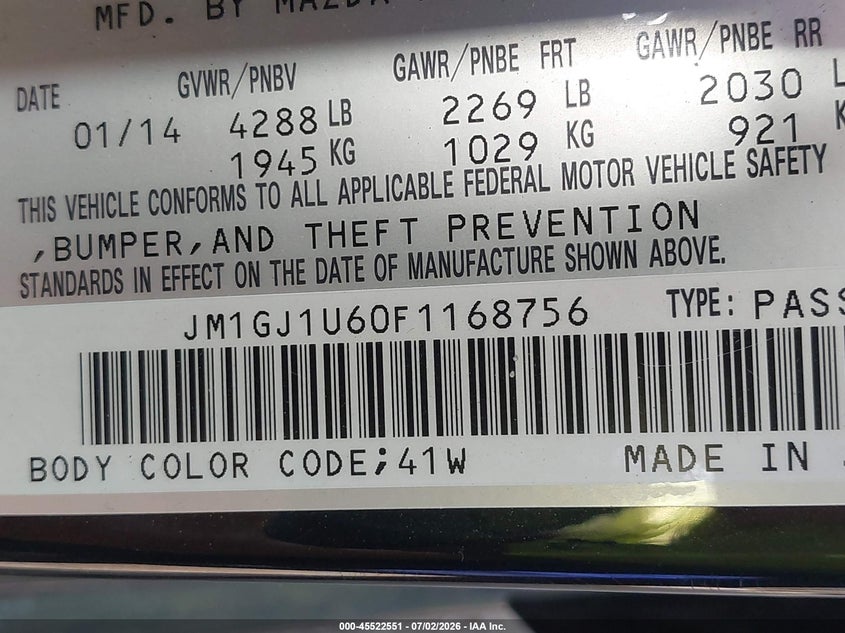 2015 Mazda 6 VIN JM1GJ1U60F1168756 IAAI salvage auction — FRONT & REAR, Salvage - Greater Than 75% (Maryland), sold $425 on 2026-07-28 (photo 9)