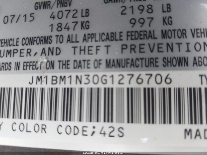 2016 Mazda 3 VIN JM1BM1N30G1276706 IAAI salvage auction — FRONT END, Salvage (California), sold $1,050 on 2026-07-20 (photo 9)