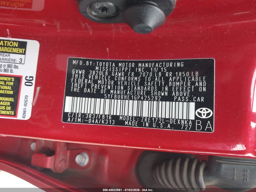 2016 Toyota Corolla VIN 5YFBURHE1GP425292 IAAI salvage auction — FRONT END, Salvage (California), sold $3,100 on 2026-07-14 (photo 9)