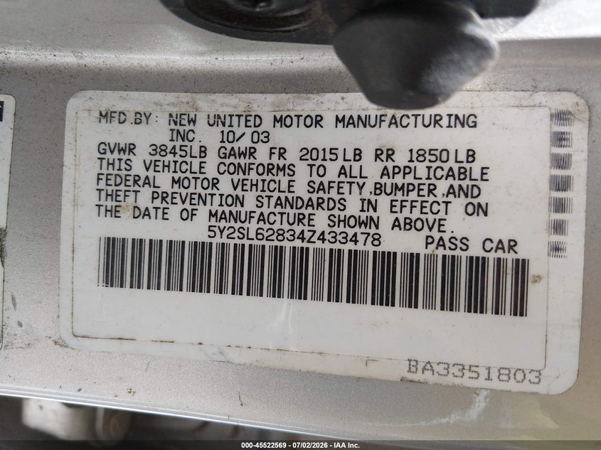 2004 Pontiac Vibe VIN 5Y2SL62834Z433478 IAAI salvage auction — FRONT END, Salvage (Kentucky), sold $250 on 2026-08-21 (photo 9)