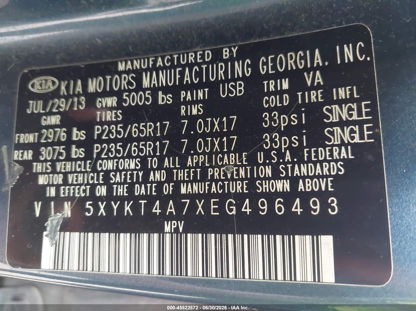 2014 Kia Sorento VIN 5XYKT4A7XEG496493 IAAI salvage auction — NORMAL WEAR, Clear (Tennessee), sold $1,350 on 2026-07-08 (photo 9)