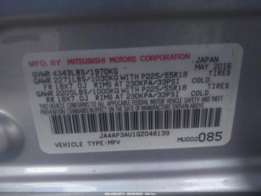 2016 Mitsubishi Outlander VIN JA4AP3AU1GZ048139 IAAI salvage auction — FRONT END, Salvage Title, sold $25 on 2026-07-29 (photo 9)