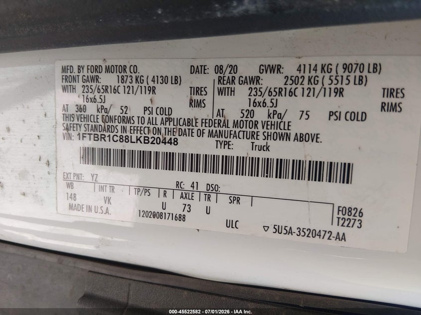 2020 Ford Transit-250 VIN 1FTBR1C88LKB20448 IAAI salvage auction — NORMAL WEAR, Original (Ohio), sold $12,925 on 2026-09-08 (photo 9)