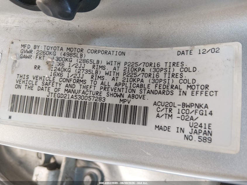 2003 Toyota Highlander VIN JTEGD21A530057283 IAAI salvage auction — NORMAL WEAR, Clear - Dealer Only (California), sold $800 on 2026-07-07 (photo 9)