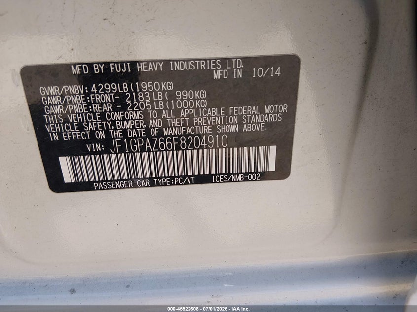 2015 Subaru Impreza VIN JF1GPAZ66F8204910 IAAI salvage auction — FRONT END, Salvage Title, sold $2,550 on 2026-07-23 (photo 9)