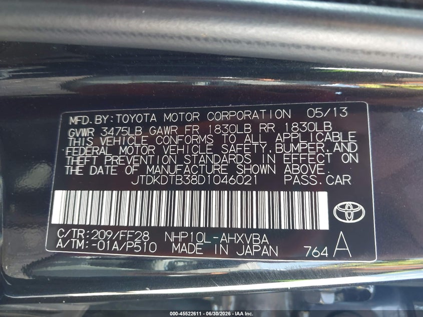 2013 Toyota Prius c VIN JTDKDTB38D1046021 IAAI salvage auction — NORMAL WEAR, Clear (Tennessee), sold $3,550 on 2026-07-09 (photo 9)