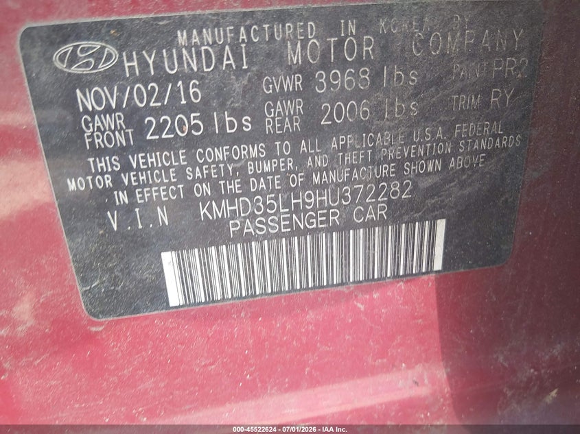 2017 Hyundai Elantra VIN KMHD35LH9HU372282 IAAI salvage auction — NORMAL WEAR, Clear (Delaware), sold $300 on 2026-07-27 (photo 9)