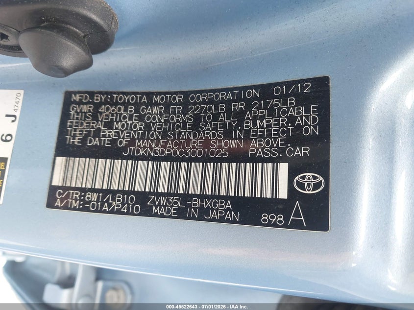 2012 Toyota Prius VIN JTDKN3DP0C3001025 IAAI salvage auction — FRONT END, Salvage (California), sold $4,550 on 2026-07-30 (photo 9)