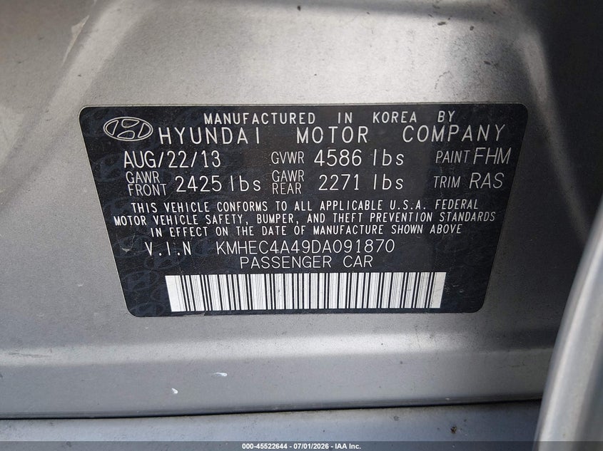2013 Hyundai Sonata VIN KMHEC4A49DA091870 IAAI salvage auction — REAR END, Salvage Title, sold $750 on 2026-07-28 (photo 9)