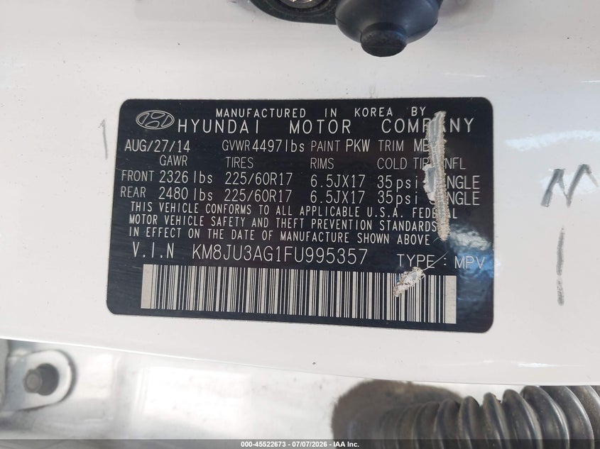2015 Hyundai Tucson VIN KM8JU3AG1FU995357 IAAI salvage auction — NORMAL WEAR, Clear - Dealer Only (California), sold $500 on 2026-07-18 (photo 9)