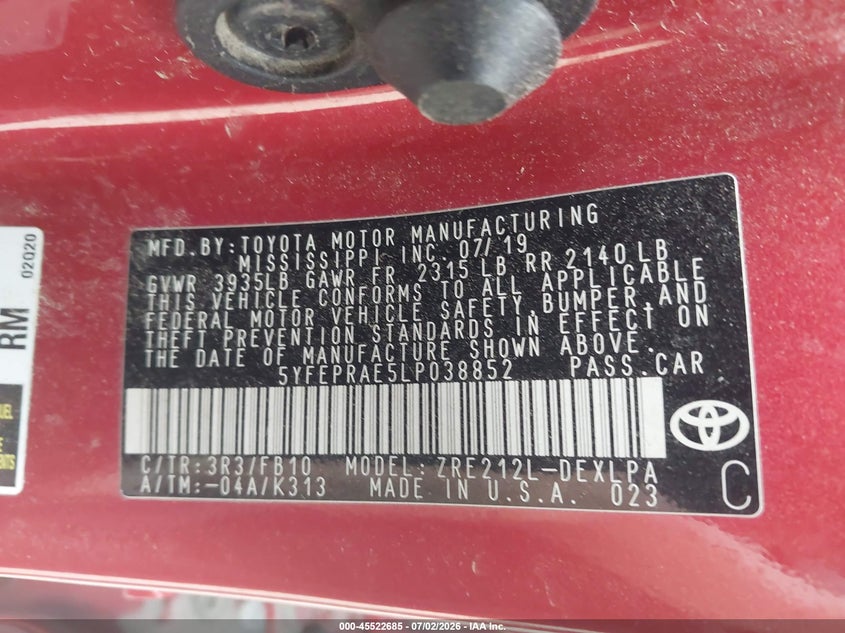 2020 Toyota Corolla VIN 5YFEPRAE5LP038852 IAAI salvage auction — LEFT SIDE, Salvage (California), sold $25 on 2026-07-21 (photo 9)