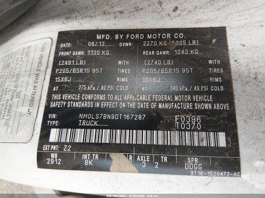 2013 Ford Transit VIN NM0LS7BN9DT167287 IAAI salvage auction — BIO HAZARD, Clear-Dealer Only (Oregon), sold $400 on 2026-07-09 (photo 9)