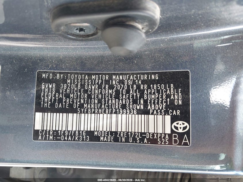 2015 Toyota Corolla VIN 5YFBPRHE8FP199936 IAAI salvage auction — FRONT & REAR, Salvage Title, sold $1,400 on 2026-07-24 (photo 9)