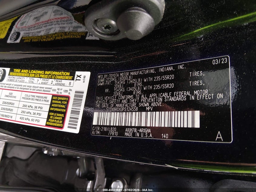 2023 Toyota Highlander VIN 5TDXBRCH3PS124558 IAAI salvage auction — FRONT END, Salvage Title, sold $16,525 on 2026-08-21 (photo 9)