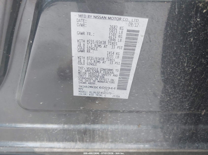 2013 Nissan Pathfinder VIN 5N1AR2MN3DC600944 IAAI salvage auction — RIGHT FRONT, Salvage Title, sold $725 on 2026-08-26 (photo 9)