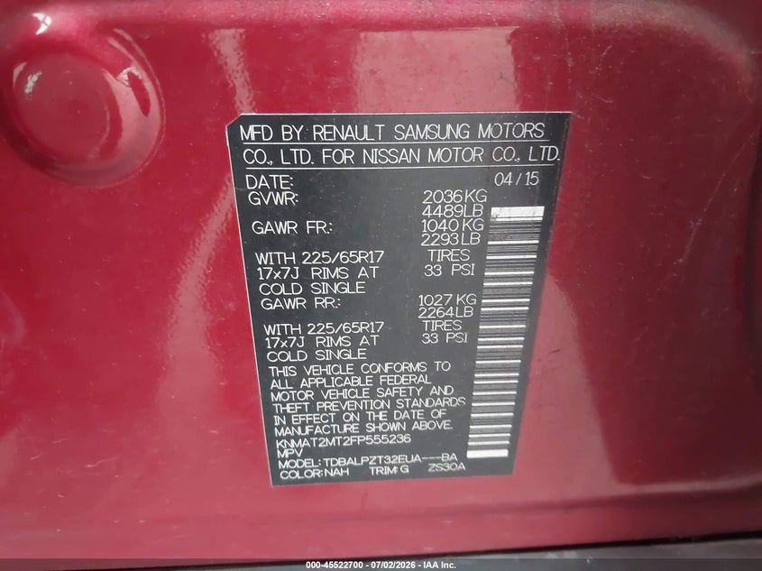 2015 Nissan Rogue VIN KNMAT2MT2FP555236 IAAI salvage auction — FRONT END, Salvage Title, sold $450 on 2026-07-31 (photo 9)