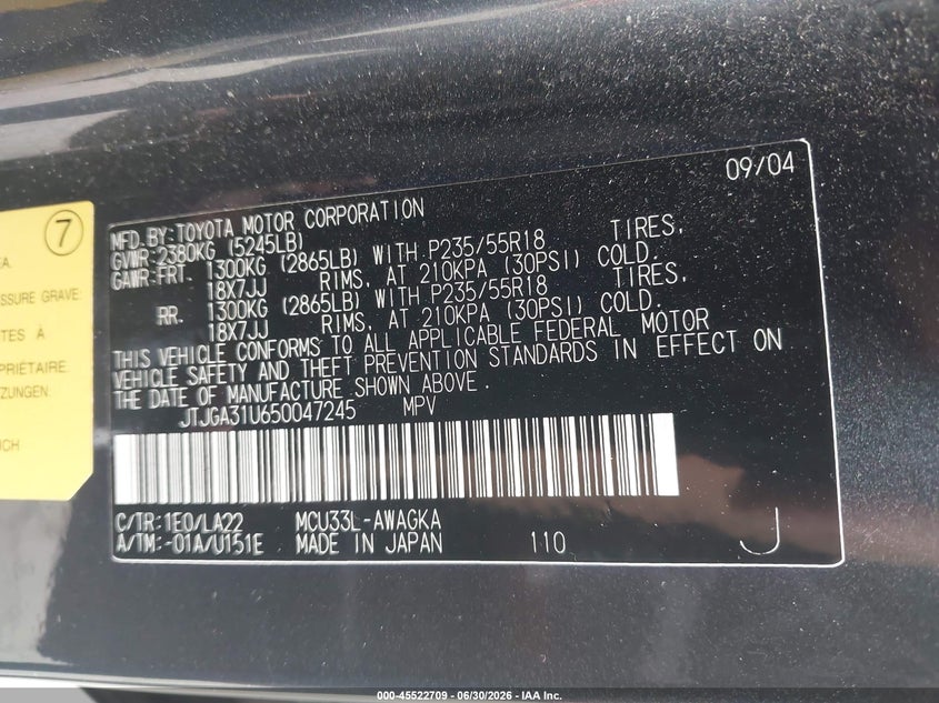 2005 Lexus Rx 330 VIN JTJGA31U650047245 IAAI salvage auction — NORMAL WEAR, Clear - Dealer Only (California), sold $1,525 on 2026-07-21 (photo 9)