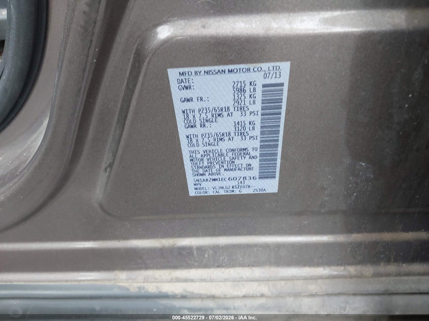 2014 Nissan Pathfinder VIN 5N1AR2MM1EC607836 IAAI salvage auction — FRONT END, Salvage Title, sold $1,300 on 2026-07-24 (photo 9)