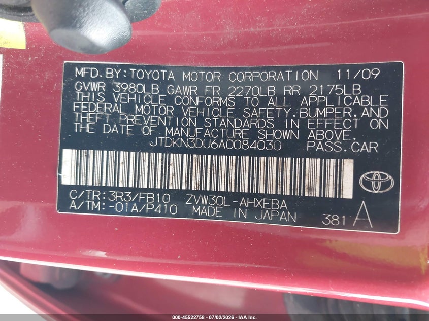 2010 Toyota Prius VIN JTDKN3DU6A0084030 IAAI salvage auction — NORMAL WEAR, Clear-Dealer Only (Washington), sold $800 on 2026-07-09 (photo 9)