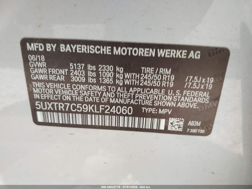 2019 BMW X3 VIN 5UXTR7C59KLF24060 IAAI salvage auction — NORMAL WEAR, Original (Texas), sold $4,200 on 2026-07-20 (photo 9)