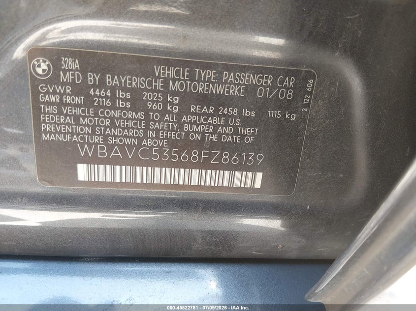 2008 BMW 3 series VIN WBAVC53568FZ86139 IAAI salvage auction — UNKNOWN, Lien Papers (California), sold $350 on 2026-07-22 (photo 9)