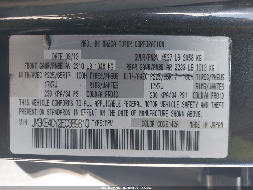 2014 Mazda Cx-5 VIN JM3KE4CY2E0389810 IAAI salvage auction — REAR END, Salvage Title, sold $3,150 on 2026-07-29 (photo 9)
