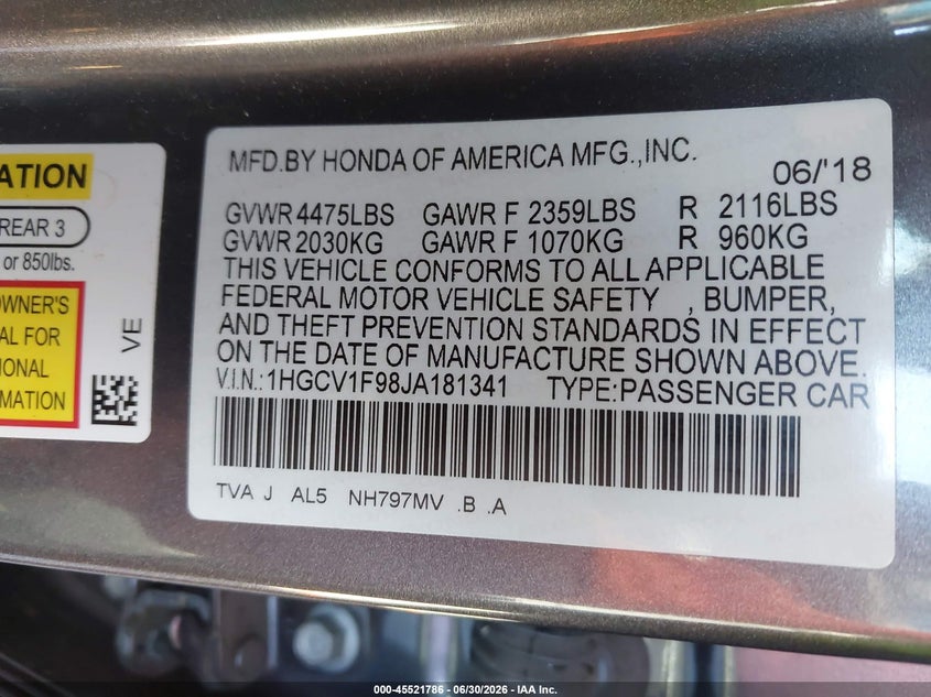 2018 Honda Accord VIN 1HGCV1F98JA181341 IAAI salvage auction — FRONT & REAR, Salvage (California), sold $5,300 on 2026-07-22 (photo 9)