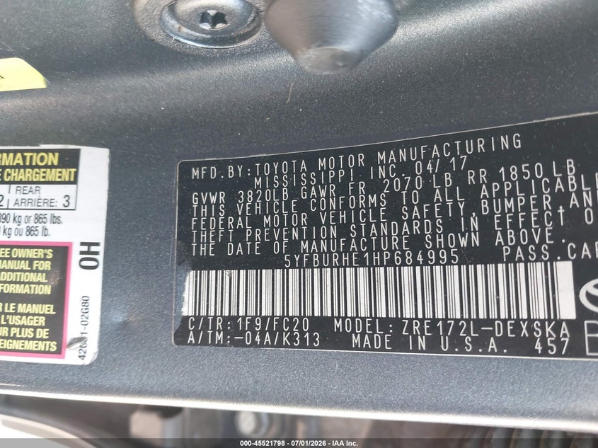 2017 Toyota Corolla VIN 5YFBURHE1HP684995 IAAI salvage auction — FRONT END, Salvage (Pennsylvania), sold $1,900 on 2026-07-10 (photo 9)