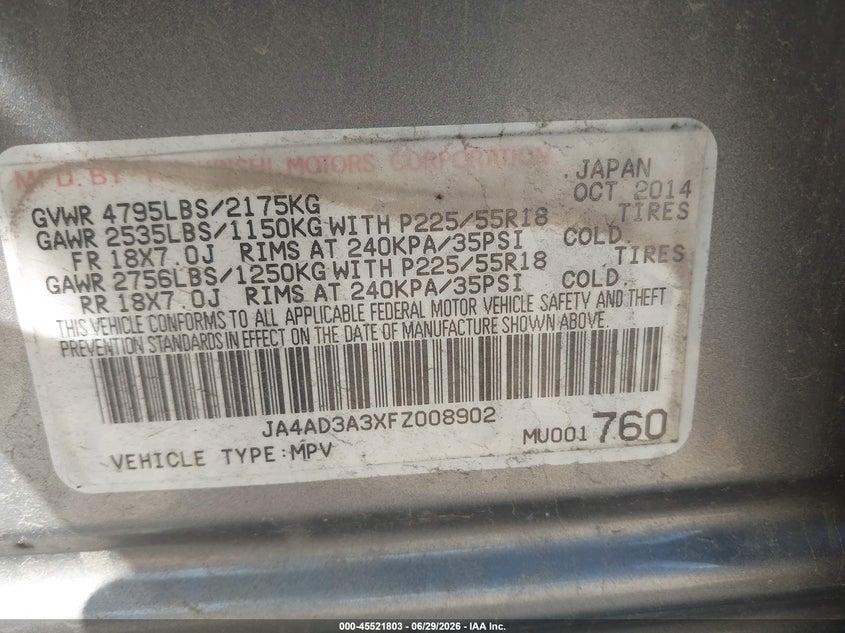 2015 Mitsubishi Outlander VIN JA4AD3A3XFZ008902 IAAI salvage auction — NORMAL WEAR, Clear (Illinois), sold $425 on 2026-07-15 (photo 9)