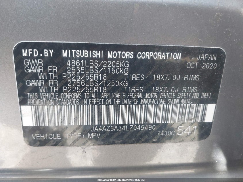 2020 Mitsubishi Outlander VIN JA4AZ3A34LZ045490 IAAI salvage auction — RIGHT SIDE, Salvage (Massachusetts), sold $3,900 on 2026-07-31 (photo 9)