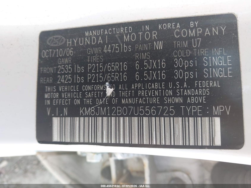 2007 Hyundai Tucson VIN KM8JM12B07U556725 IAAI salvage auction — NORMAL WEAR, Clear-Endorsement (Wisconsin), sold $650 on 2026-07-22 (photo 9)