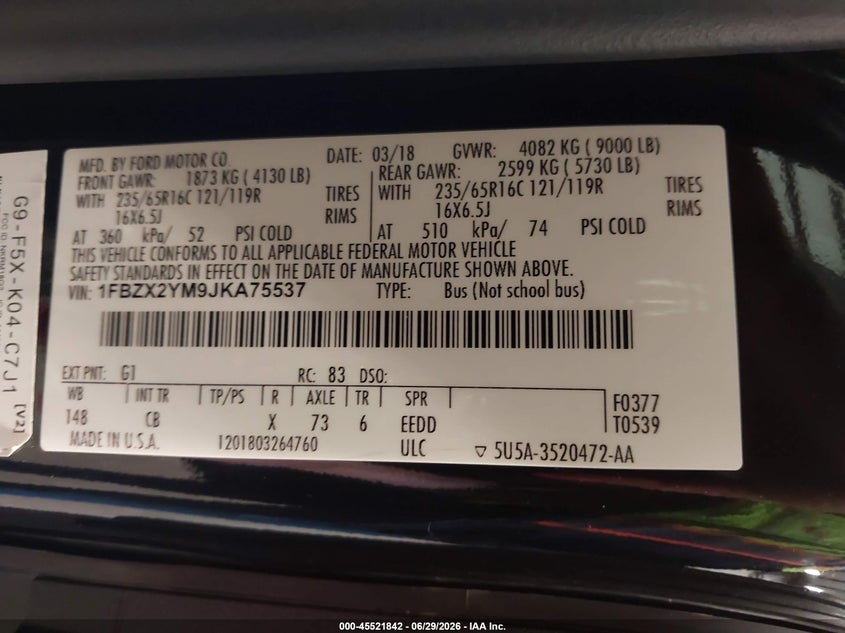 2018 Ford Transit-350 VIN 1FBZX2YM9JKA75537 IAAI salvage auction — NORMAL WEAR, Sf97 (Washington), sold $7,100 on 2026-07-29 (photo 9)