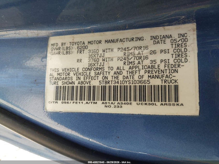 2000 Toyota Tundra VIN 5TBRT3410YS103665 IAAI salvage auction — NORMAL WEAR, Salvage Title - Dealer (California), sold $725 on 2026-07-29 (photo 9)