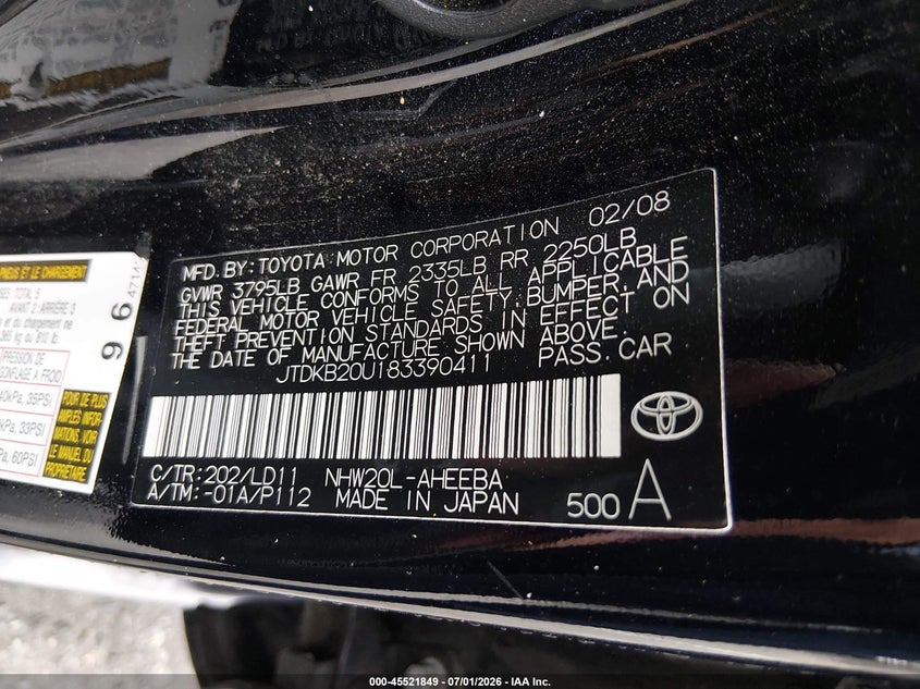 2008 Toyota Prius VIN JTDKB20U183390411 IAAI salvage auction — REAR END, Salvage (California), sold $1,200 on 2026-07-16 (photo 9)