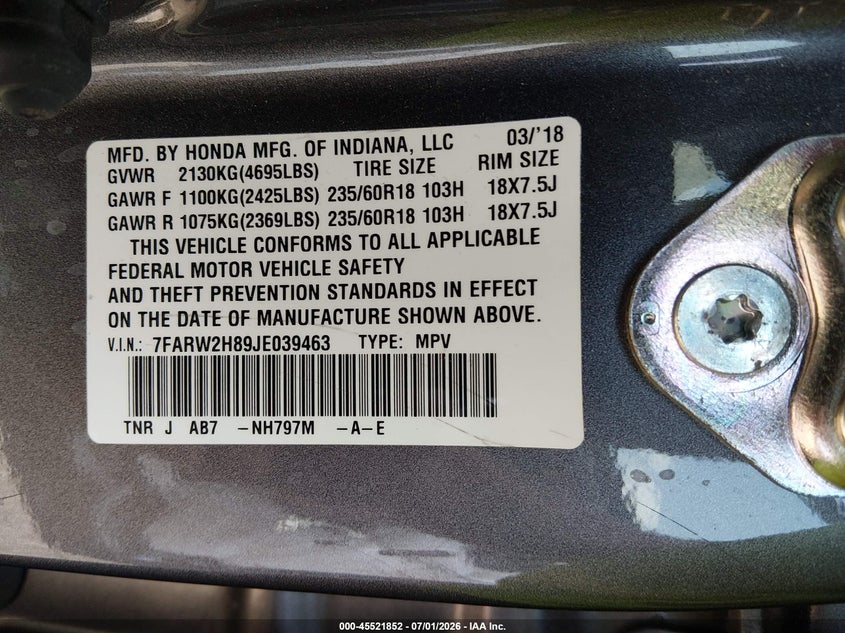2018 Honda Cr-v VIN 7FARW2H89JE039463 IAAI salvage auction — FRONT END, Salvage Title, sold $6,200 on 2026-07-18 (photo 9)